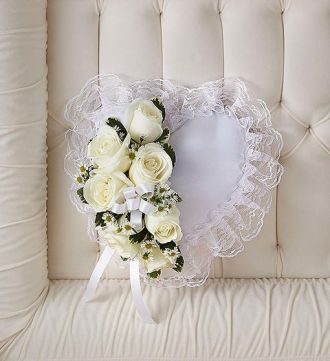 White Satin Heart Pillow w/White Rose Break